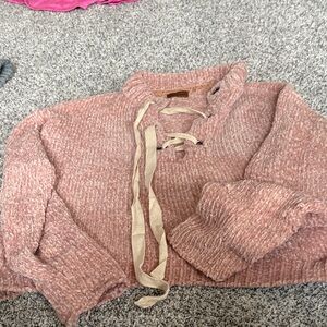 POL Dusty Pink Lace-Up Turtleneck Sweater